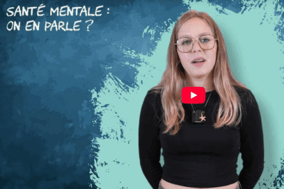 Jeune fille debout avec un fond bleu. Un titre en haut à gauche de l'image mentionne : santé mentale : on en parles ? - Agrandir l'image, fenêtre modale