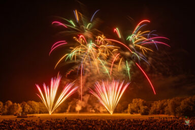 Feu d'artifice tirée dans une prairie avec des spectateurs assis dans l'herbe en pleine nuit.